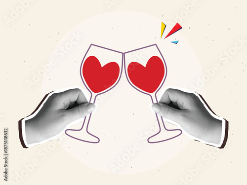 Black and white hands clinking heart-shaped glasses of red wine. Celebrating Valentine's Day. Modern collage style. Vector illustration