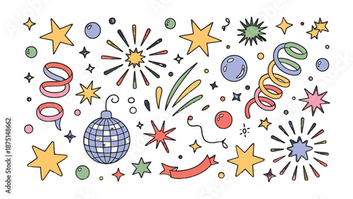 Festive Decorations: An array of sparkling stars, dazzling fireworks, and whimsical party elements come together in a vibrant display. 