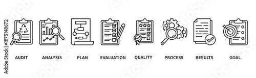 Assessment banner web icon vector illustration for accreditation and evaluation method on business and education with audit, analysis, plan, evaluation, quality, process, results and goal icon