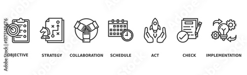 Action plan banner web icon vector illustration concept with icon of objective, strategy, collaboration, schedule, act, launch, check, and implementation