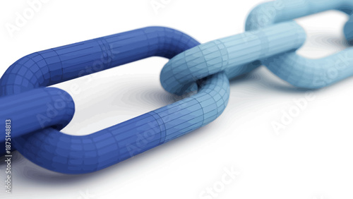 A close up view of interconnected blue chain links on a white background