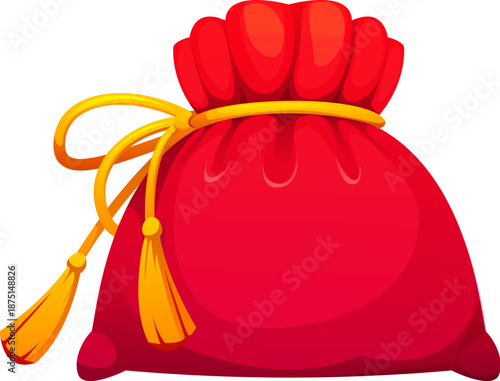 Chinese Lunar New Year happy bags, lucky money pouch symbolizing immense good fortune, wealth, and prosperity. Vibrant red vector pouch with golden drawstring, and gold coins for Lunar New Year design