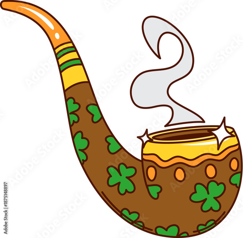 Cartoon groovy leprechaun smoking pipe with smoke. Retro Saint Patrick's day holiday object. Isolated vector vintage tool for smoking tobacco, carved from wood, adorned with clover or shamrock leaves