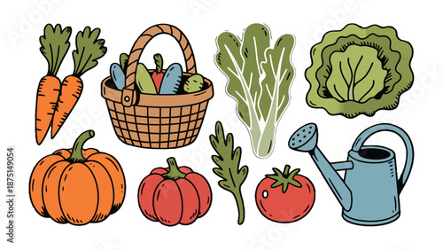 Harvest Bounty: Hand-drawn illustrations of a vibrant assortment of fresh garden produce, a testament to the beauty and abundance of nature's offerings, ripe for the picking.
