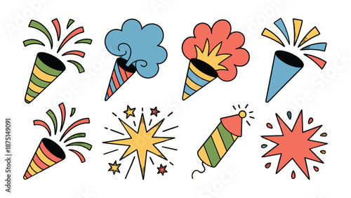 Festive Icons: A collection of vibrant illustrated party poppers and celebratory burst. Perfect for conveying joy, excitement, and a sense of occasion. 