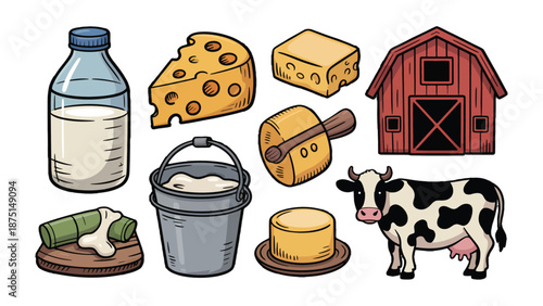 Dairy Farm Illustration: A charming, whimsical illustration showcasing the simple joys of a dairy farm. featuring dairy products and cow.