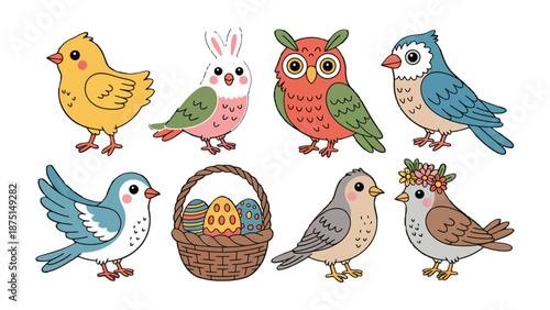Cute Birds and Easter Basket: A charming array of adorable birds and an Easter basket adorned with colorful eggs, a vibrant celebration of spring and new life.