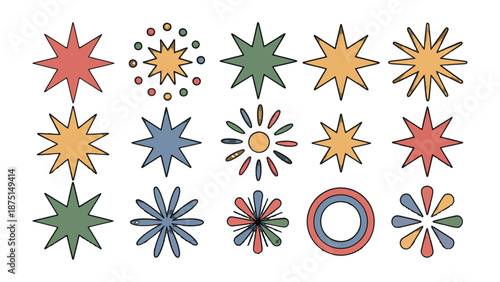 Shining Stars: An array of colorful star and sunburst designs, perfect for adding a touch of whimsy and brilliance to any visual project.