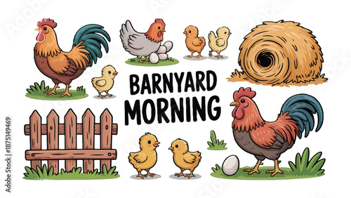 Barnyard Morning: A charming illustration capturing the essence of rural life, showcasing a vibrant scene of a cheerful rooster, adorable chicks, a cozy hay bale, and a protective fence.
