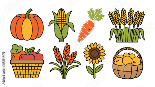 Autumn Harvest Illustration: A colorful array of autumnal bounty, showcasing the diversity and abundance of harvest season, featuring a selection of fruits, vegetables, and grains.