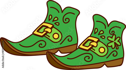 Cartoon groovy leprechaun boots, Saint Patrick's day item. Isolated vector green, buckled shoes, pointed at the toes, with shamrock symbols. Irish folklore dwarven footwear, holiday retro accessory