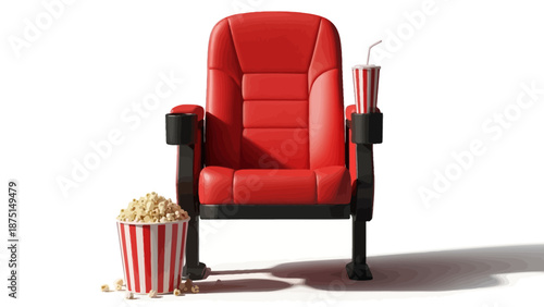A red movie theater chair with popcorn and a drink
