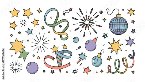 Festive Ornament Illustration: A vibrant collection of celebratory elements, including stars, streamers, ornaments, and fireworks, creating a joyful, decorative design for various occasions.