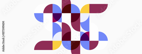 Abstract geometric design. Overlapping circles create complex pattern, using purple, blue, yellow hues. Minimalist style, modern aesthetic.