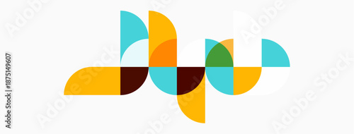Abstract geometric shapes overlap, creating colorful pattern. Design features curved segments, warm tones, cool hues. Minimalist style.