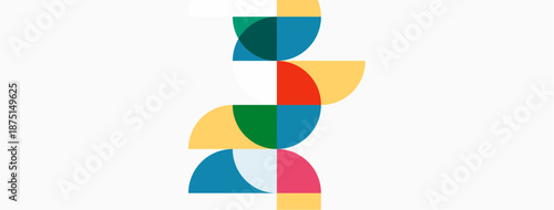 Abstract colorful shapes stacked vertically. Geometric design features overlapping semicircles, creating modern visual. Simple composition, clean aesthetic.