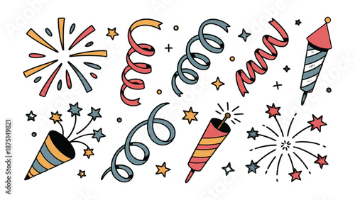 Festive Celebration Elements: A vibrant illustration showcasing a collection of celebratory elements, including dazzling fireworks, playful party streamers, and captivating firecrackers.
