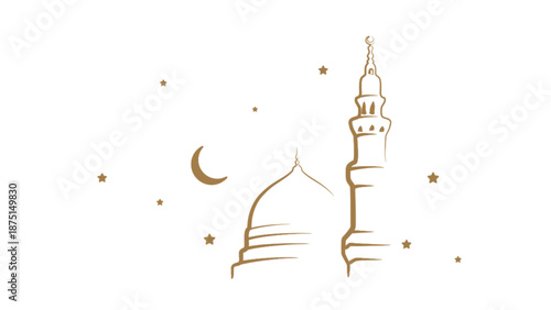 A minimalist line art illustration of a mosque dome and minaret in gold,  accompanied by a crescent moon and stars on a white background
