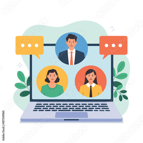 A colorful vector graphic illustration of a laptop with three people video conferencing