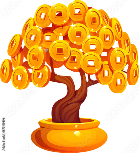 Chinese Lunar New Year holiday icon of money tree with golden coins, cartoon vector game asset. Chinese New Year traditional wealth and Feng Shui good fortune symbol of bonsai tree with gold coins
