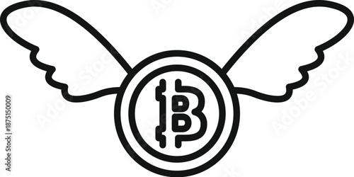 Bitcoin currency icon with wings representing digital money increasing value or freedom