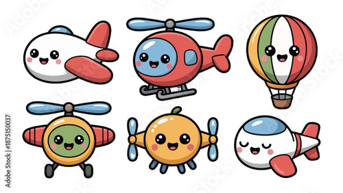 Whimsical Aviation Wonders: A vibrant ensemble of cheerful air vehicles, each with a unique personality, set against a pristine backdrop, showcasing the joy of air travel. 