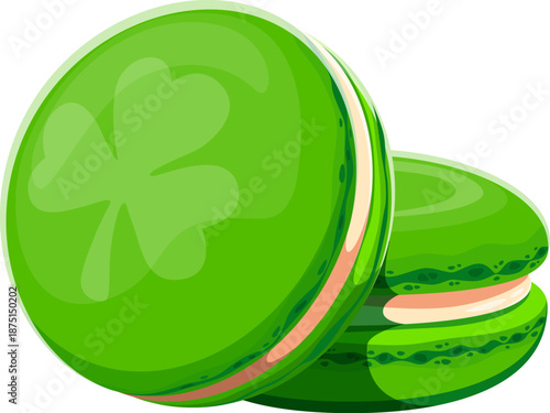 Happy St Patrick day green macaron with cream filling and shamrock symbol. Cartoon vector Irish celebratory gourmet treat, sweet French dessert for celebrations, representing heritage and indulgence