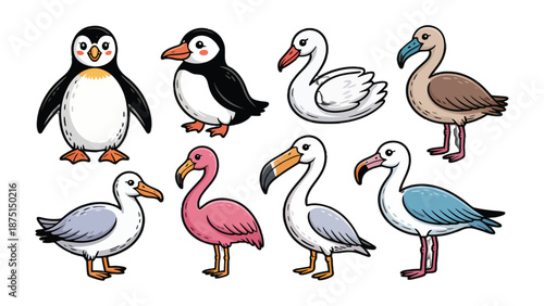 Cute Cartoon Birds' Illustration: Delightful collection of cartoon birds in a vibrant display, each with unique features, bringing a touch of whimsy and joy.