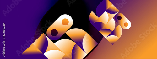 Abstract geometric shapes, vibrant orange, purple gradients. Modern design, digital illustration, dynamic composition. Smooth transitions, artistic flair.