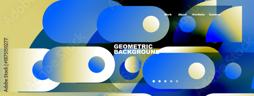 Abstract geometric background. Blue, yellow hues dominate design. Navigation menu present, dots indicate sections. Modern, clean aesthetic.