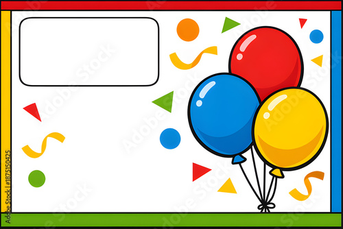 Colorful balloons float amidst playful confetti over a bright joyful backdrop with a space for a personalized message and a bauhaus frame. 
