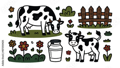 Farmhouse Scene: An idyllic cartoon depicts a farm scene, capturing cows grazing in a field with a milk churn and a wooden fence, accompanied by delightful flowers and a cheerful ambiance.