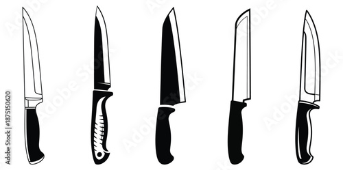 A collection of five different kitchen knives with unique blade and handle designs