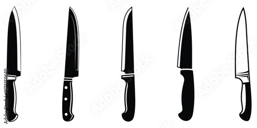 Four black and white illustrations of kitchen knives with different blade shapes and handles