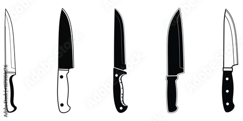 A collection of four different kitchen knives with unique blade shapes and handles