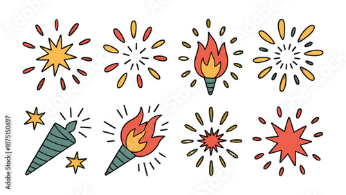 Exploding Colors: A vibrant array of hand-drawn firework and torch illustrations bursts with energy, their whimsical designs evoking a sense of celebration and joy.
