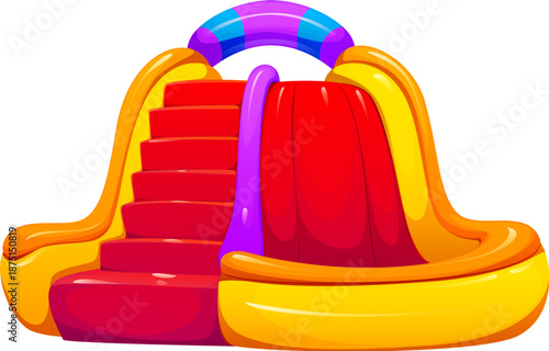 Trampoline park bouncy, inflatable playground slide with red stairs, orange sides. Kids playhouse bouncy vector castle, amusement area slide. Child playground trampoline with stairs, slide and pool