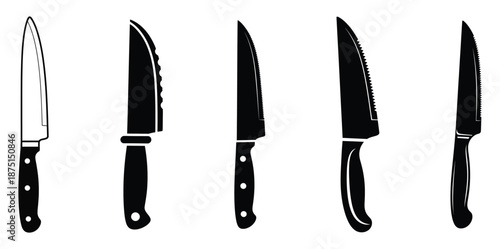 A set of five kitchen knives with black handles and blades