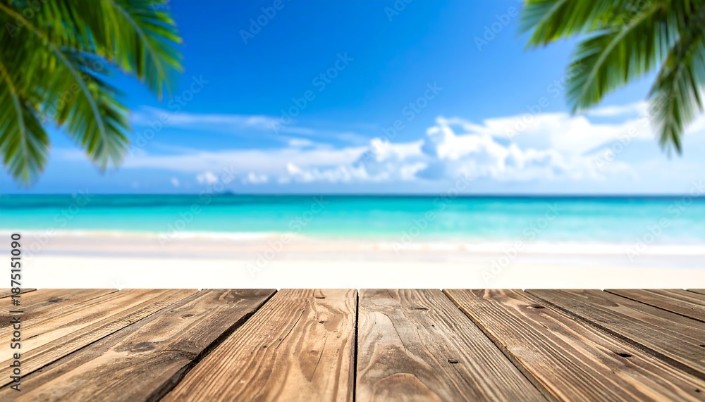 Fototapeta premium Sunny beach scene with a wooden plank table in the foreground, palm fronds framing blue sky, sand, and turquoise water