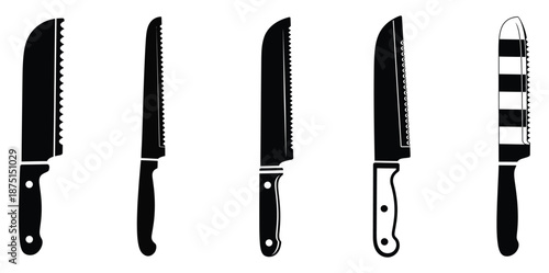 A collection of four kitchen knives and one steak knife
