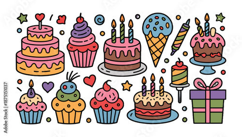 Festive Desserts: A vibrant assortment of cakes and cupcakes, adorned with colorful frosting, candles, and heart-shaped accents, invites indulgence and joy.