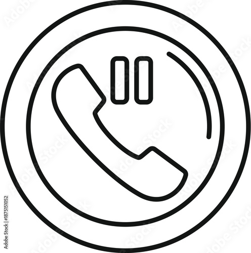 Line art icon illustrating a telephone ringing on hold with a pause symbol