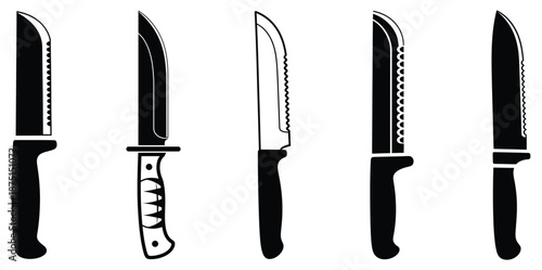 A collection of five different kitchen knives with unique blade shapes and handles