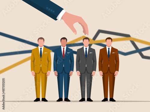 An illustration depicting a hand selecting a professional from a group of suited men, symbolizing the hiring process in business and the importance of leadership.