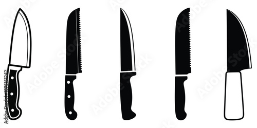 A set of four different kitchen knives with various blade types and handle designs