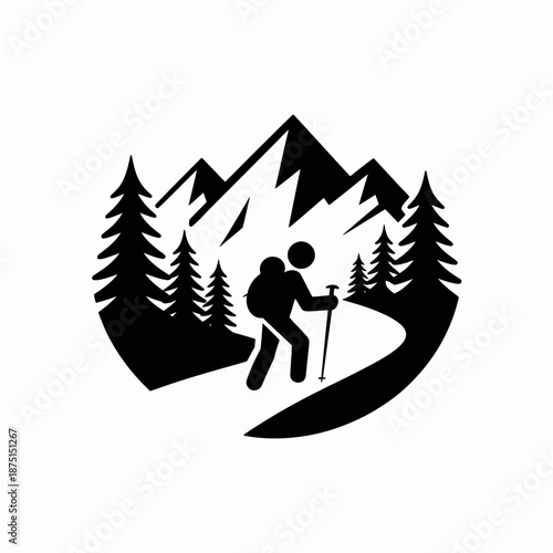 A silhouetted hiker trekking through a scenic mountainous landscape, embodying adventure and exploration amidst towering trees and rugged peaks, inviting outdoor enthusiasts.
