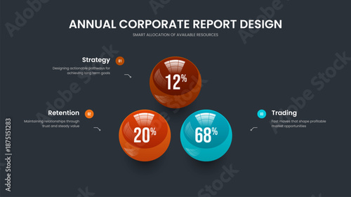 Project Strategy Three Option Chart Slideshow Design. Educational Growth Presentation Template Vector Illustration. Financial Portfolio 3 Step Infographic Frame Layout.