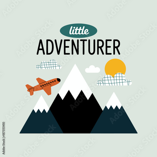 This charming illustration depicts a little adventurer with an airplane, mountains, and a sunny sky, celebrating the spirit of exploration and the joy of adventure in childhood.