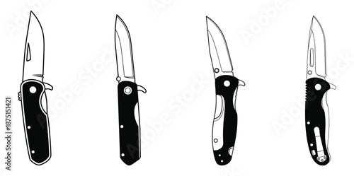 Four black handled pocket knives with varying blade shapes and sizes