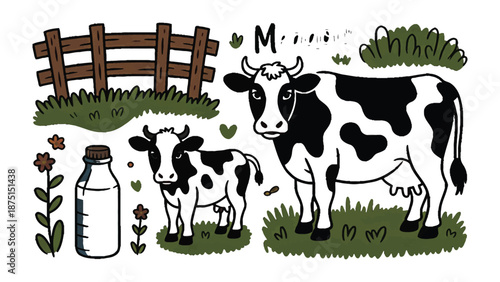 Dairy Delight: An illustration showing two cows and a milk bottle that represent dairy farming and milk production, surrounded by elements of nature